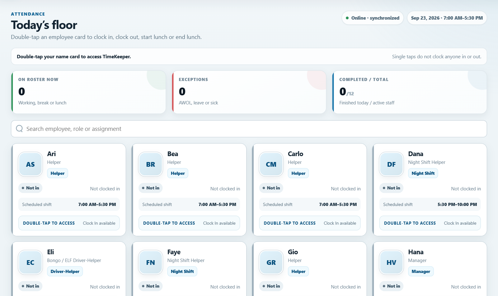Current OTET floor terminal showing fictional employee cards and shift status