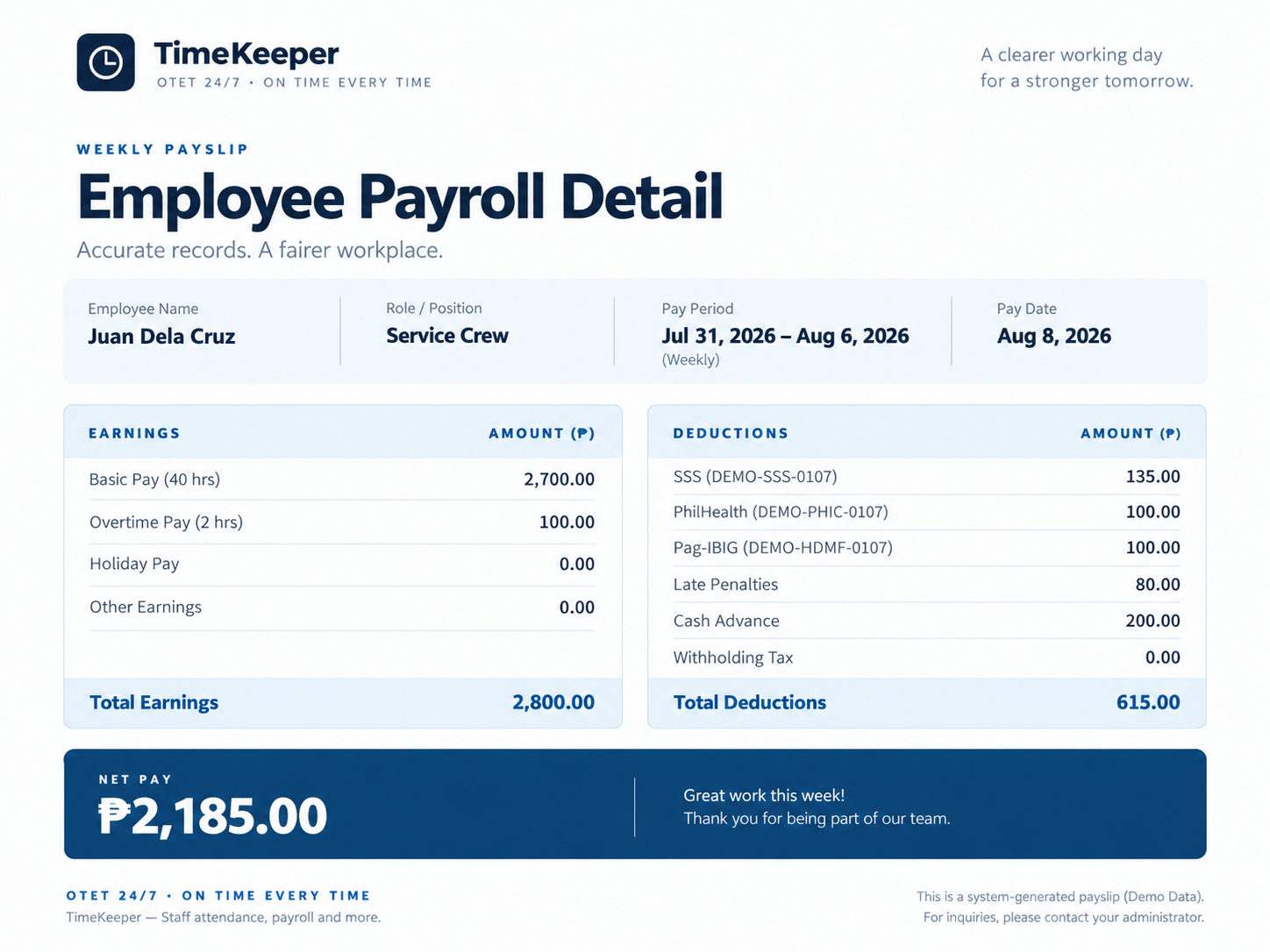 Illustrative TimeKeeper employee payslip overview